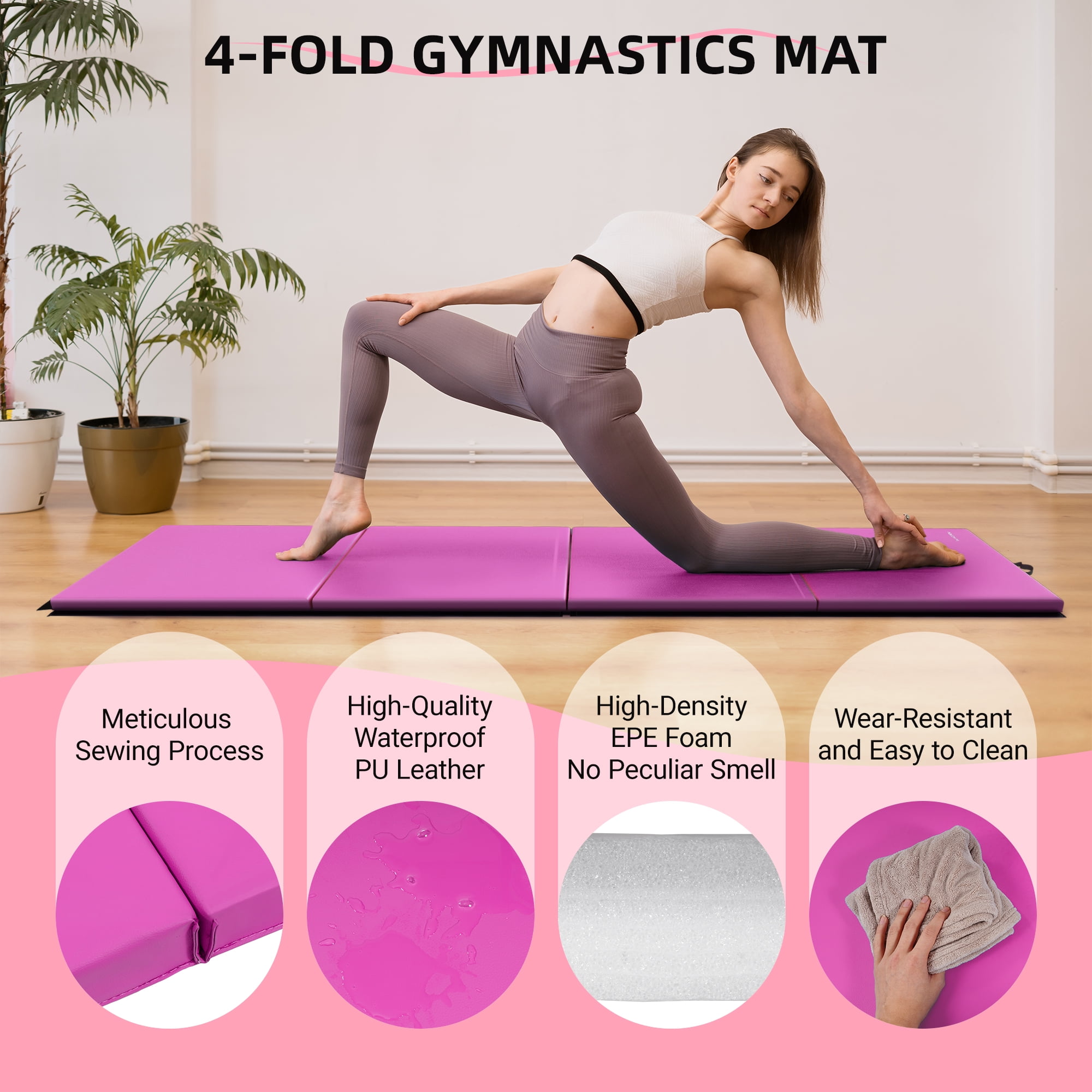 Signature Fitness 4ft x 8ft x 2in Folding Gymnastics Mat, 4-Panel Exercise Mat with Handles, PVC Leather + EPE Foam, Multiple Colors