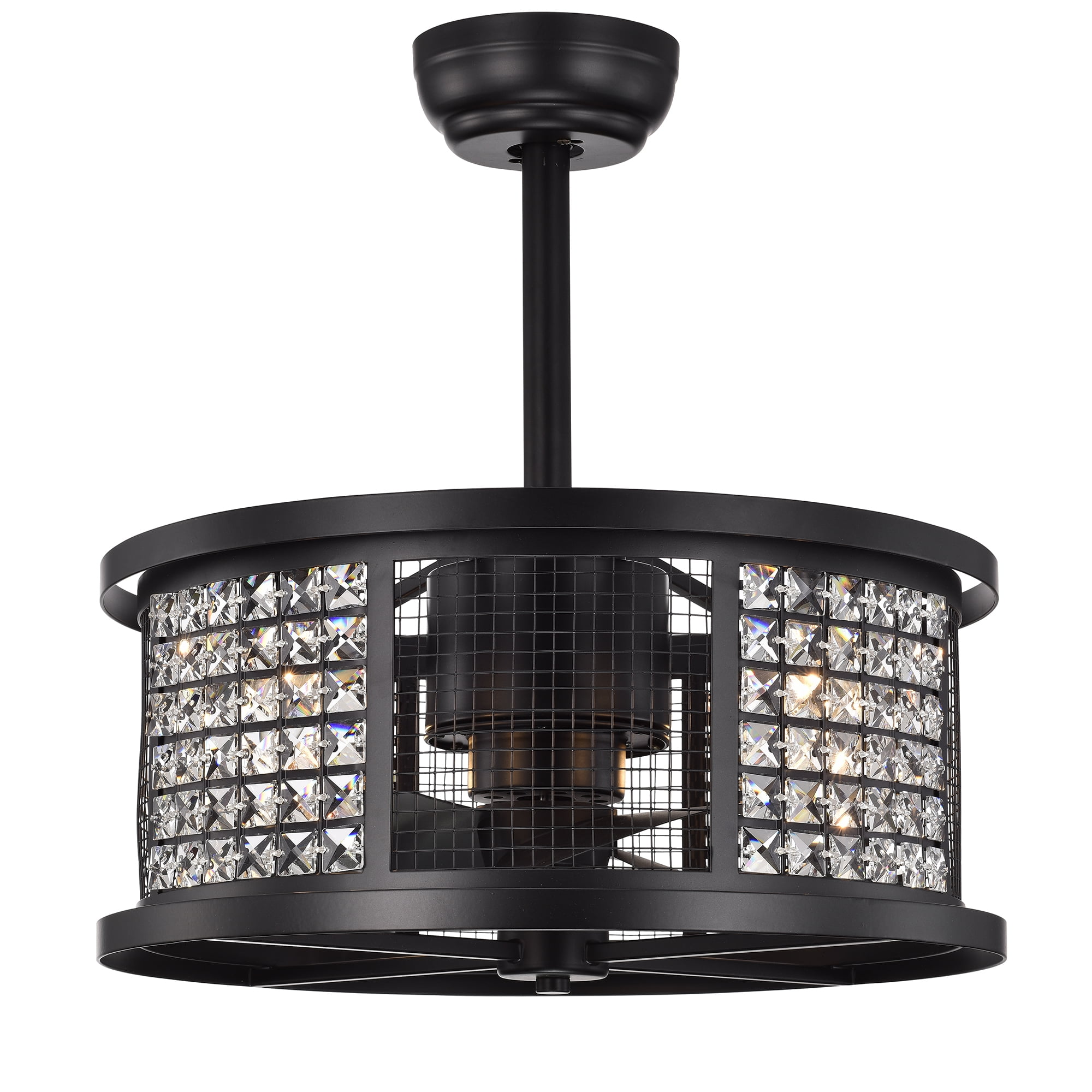 Lacey Matte Black 19-Inch 4-Light Geometric Metal & Crystal Drum Shade Fandelier
