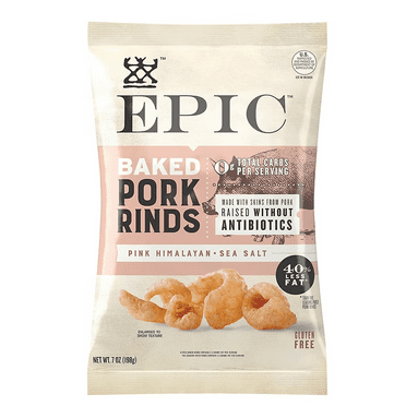 EPIC BAKED PORK RINDS PINK HIMALAYAN SEA SALT 7 OZ MADE WITH SKINS FROM PORK RAISED WITHOUT ANTIBOTICS GLUTEEN FREE