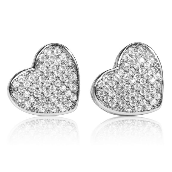 Large White Gold 925 Sterling Silver Micro Pave Women's Cz Heart Stud Earrings