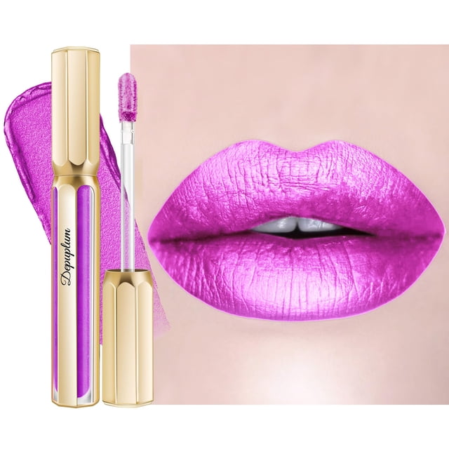 Depuplum Barras de labios moradas para mujer, barra de labios metálica, brillo de labios de larga duración, brillo metálico, ligero, hidratante, completa, color de labios DP102 Piggy