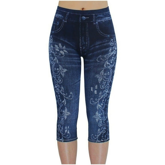 CZHJS Womens Comfy High Waist Pencil Pants Floral Printing Denim Boho Summer Beach Pants Jeggings Capris Jeans Hiking Pants for Ladies Dark Blue S