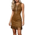 thumbnail image 2 of Dolkfu Crew Neck Women'S Summer&Fall Dresses Brown Fringe Western Style Sleeveless Mini Bodycon Dresses Retro Suede Solid Dresses Coffee,S, 2 of 5