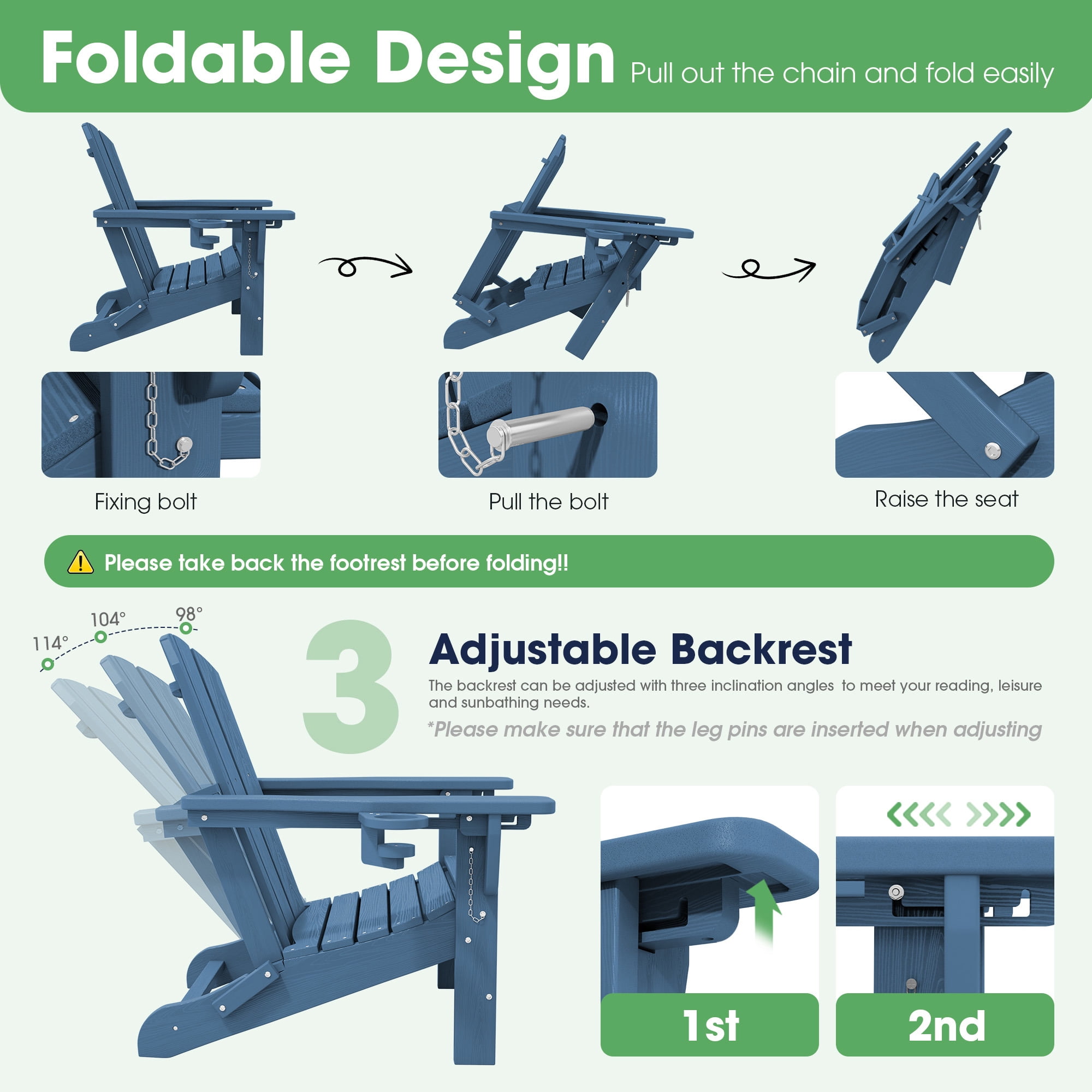 SERWALL Adjustable Folding Adirondack Chair with Footrest & Dual Cup Holders, HDPE Foldable Multifunctional Adirondack Chair with Ottoman for Patio, Outdoor, Garden, Blue