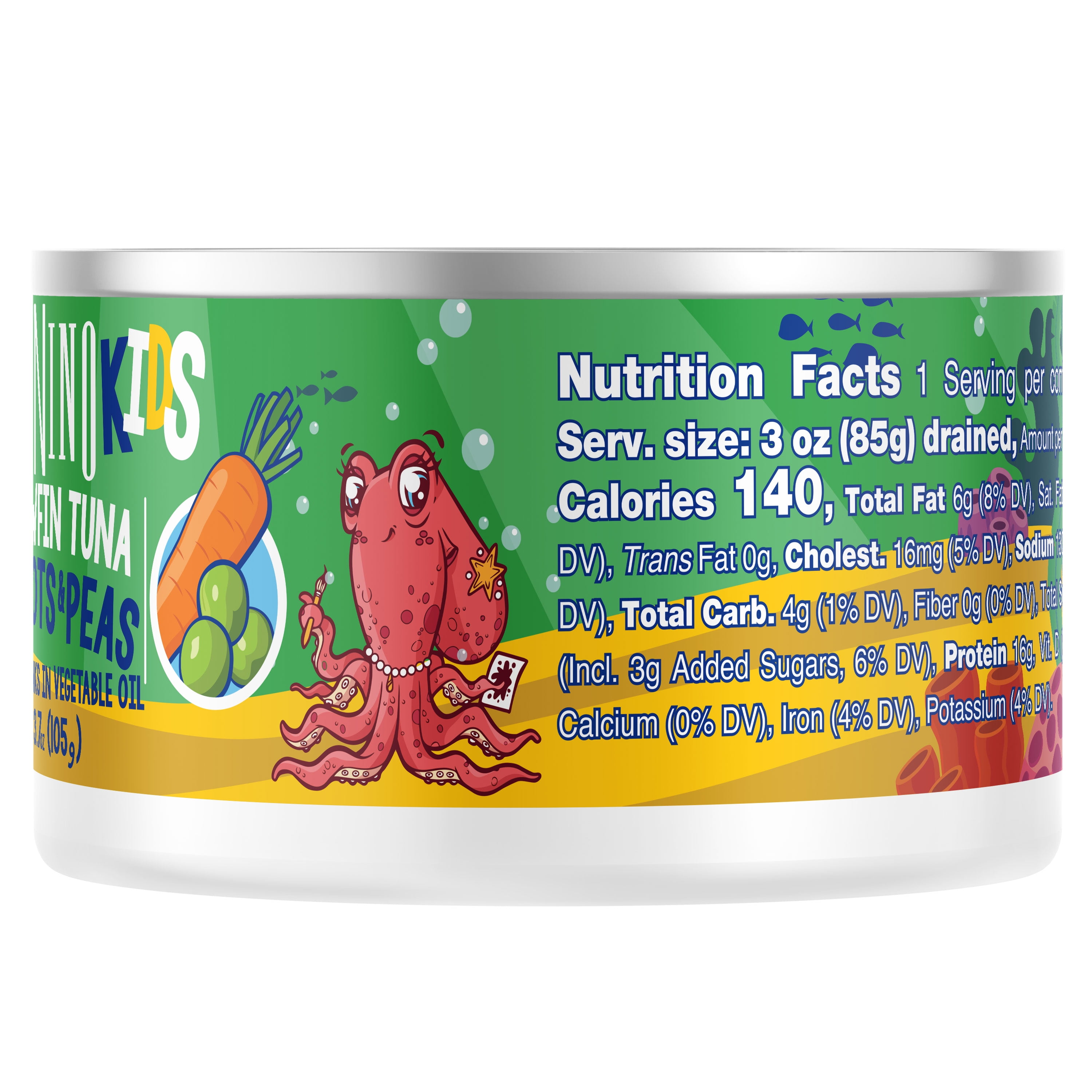 (8 pack) Tonnino Premium Yellowfin Tuna chunks with carrots and peas in vegetable oil, 3.7 oz, Can, Wild Caught