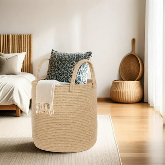 PinkSheep Laundry Basket, 56L Collapsible Woven Cotton Rope Laundry Hamper Storage Baskets Plant Basket Stand with Handles, Khaki