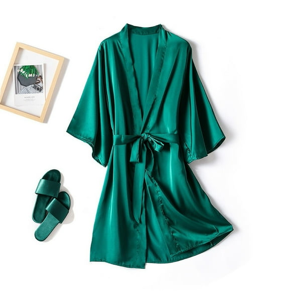 TIMIFIS Women's Silk Robes Lace Robes Bride Bridesmaid Party Satin Bathrobe V Neck Sleepwear Loungewear Dressing Gowns with 3/4 Sleeve - Spring/Summer