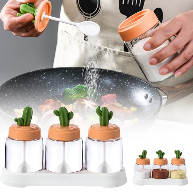 3 Pack Seasoning Jars with Lids - with Lid Airtight Cactus Bottles | Condiment Seasoning Bottle Set - for Sugar Pepper Salt Candy Condiment Pantry Drawers Rack Home Kitchen Baking Cooking