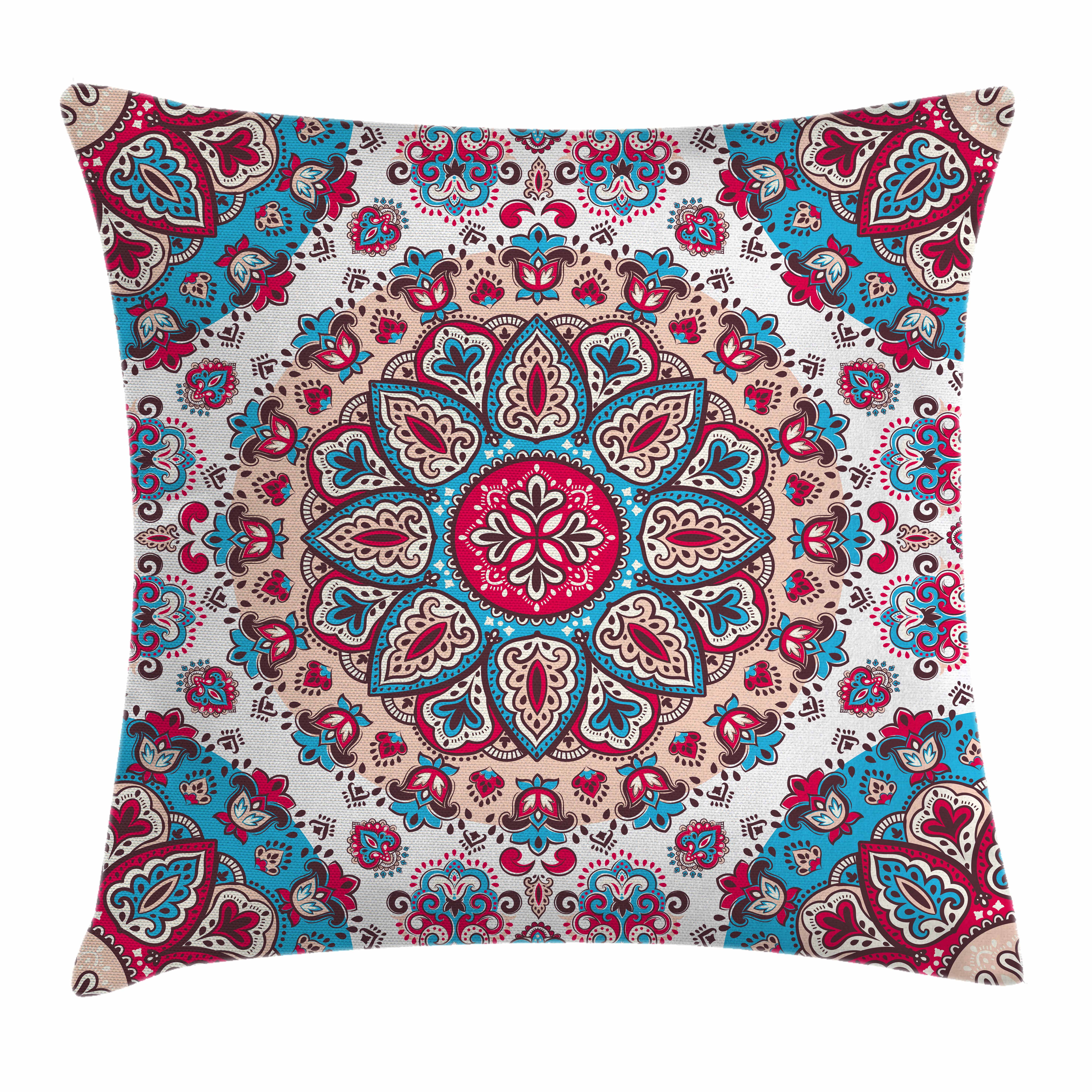 India Throw Pillow Cushion Cover, Henna Style Floral Circles Paisley