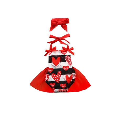 

Liliz Baby Girl Romper Square Neck Hanger Sleeveless Heart Printed Romper with Tulle Skirt Headband