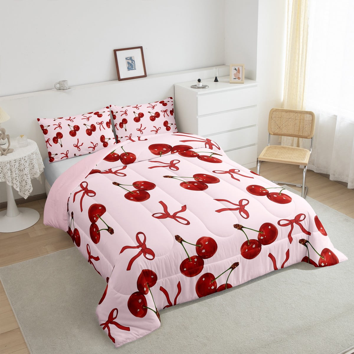 Erosebridal Dreamy Cherry Bedding Sets Queen with Comforter, Cartoon Bow Duvet Insert, Princess Style Decor, Microfiber 3 Pieces