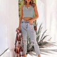 thumbnail image 3 of Women Round Neck Button Down Crop Tank Top Summer Ribbed Knitted Bodycon Sleeveless Racerback Camisole Vest T-Shirt White XL, 3 of 4