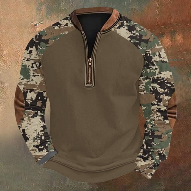 Blusas y camisas de manga larga con cuello redondo para hombre, talla grande, media cremallera, cuello redondo, estampado vintage de camuflaje, blusa de poliéster de manga larga para hombre