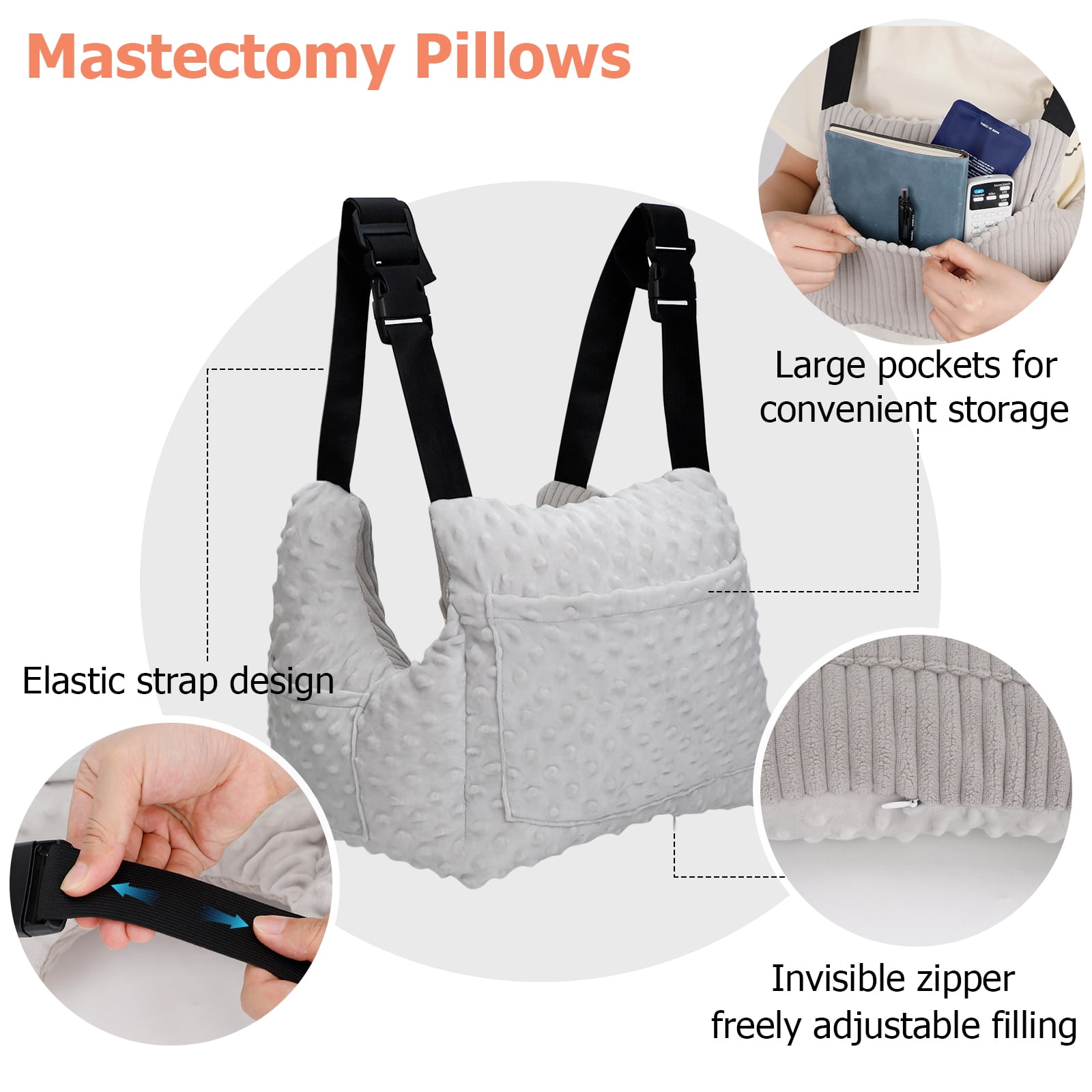 RoamReady Mastectomy Support Pillow Post-Surgery Recovery Aid for Hysterectomy & Breast-Conserving Surgery a Thoughtful Gift for Women's Healing Gray