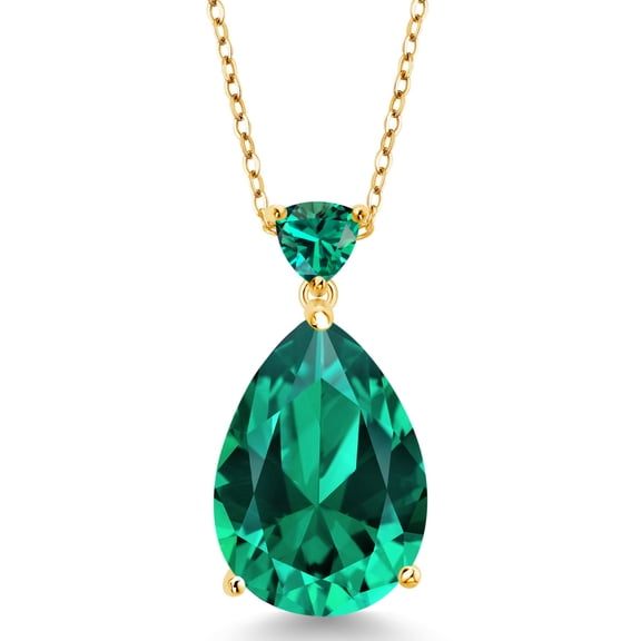 Gem Stone King 9.72 Cttw Green Nano Emerald 18K Yellow Gold Plated Silver Pendant Necklace for Women | 18X13MM Pear Shape and 5MM Trillion | With 18 inch Chain