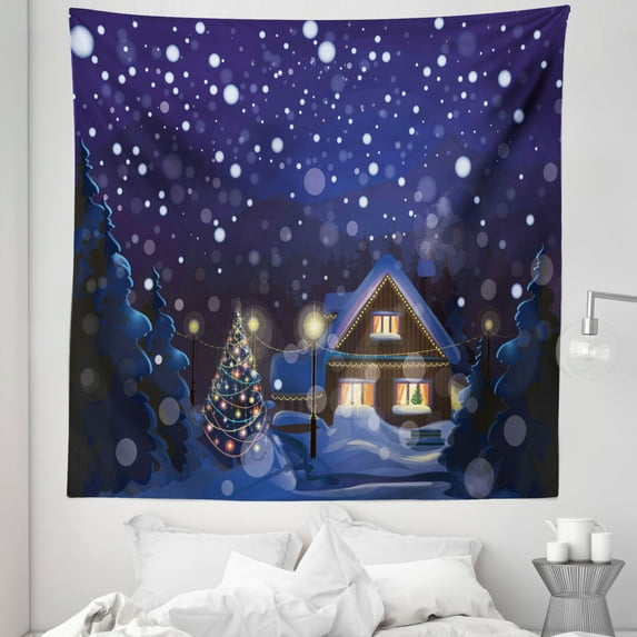 Christmas Tapestry, Winter Night Country Landscape with Little House Among Pine Trees and Snow, Fabric Wall Hanging Decor for Bedroom Living Room Dorm, 5 Sizes, Navy Blue Yellow, by Ambesonne