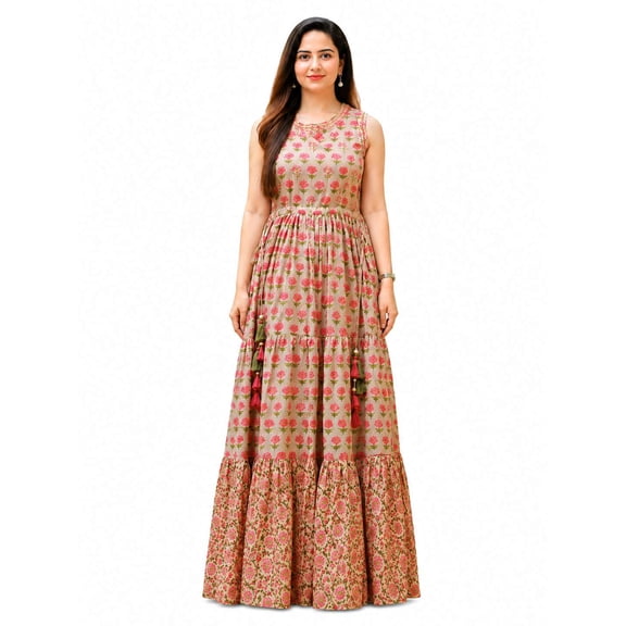 Women's Rayon Printed Long-Flared Sleeveless Anarkali Gown (Medium)