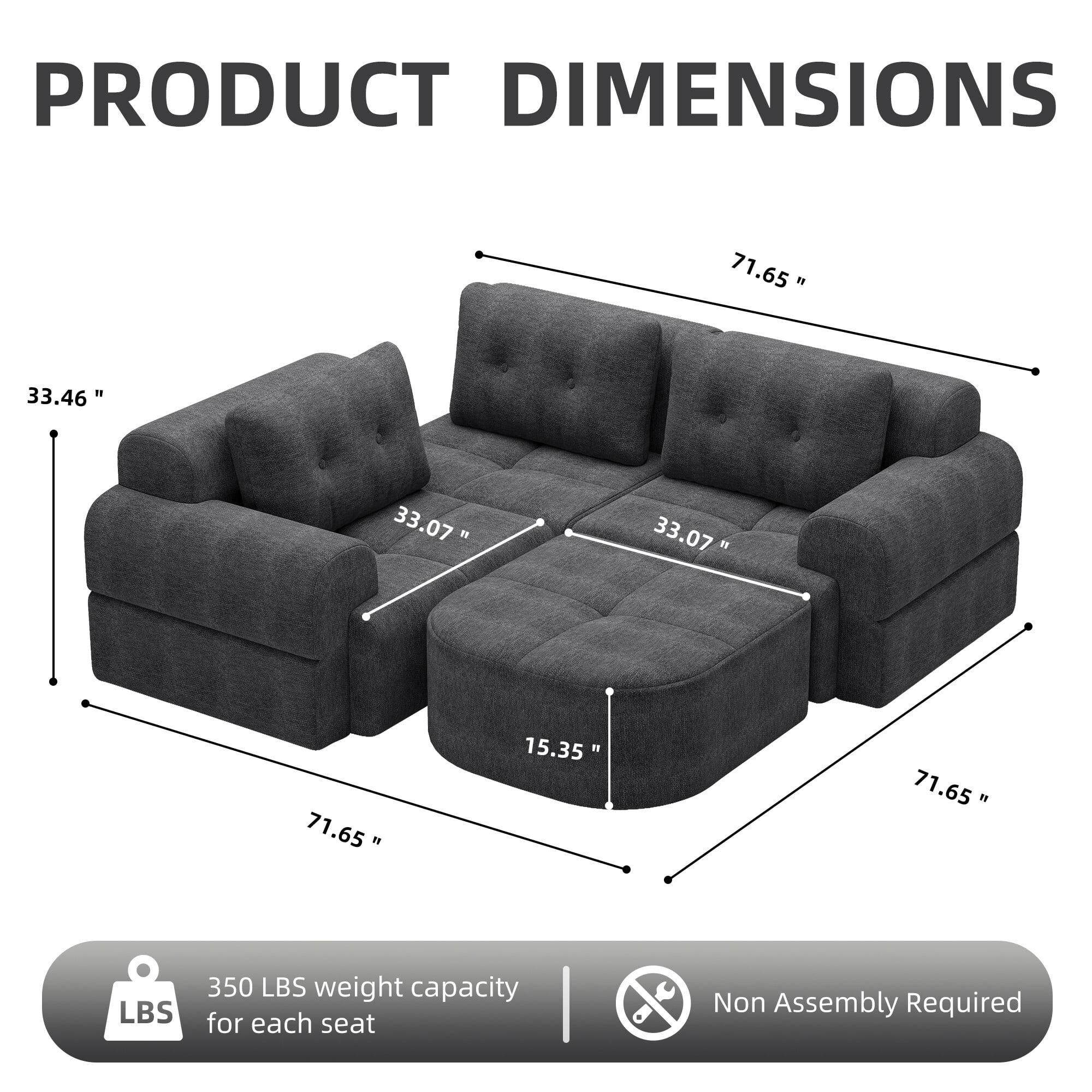 DEALTOPS 112" Modular Sectional Sofa with Ottoman, Full-Foam 3-Seat Convertible Chenille Cloud Couch, Gray