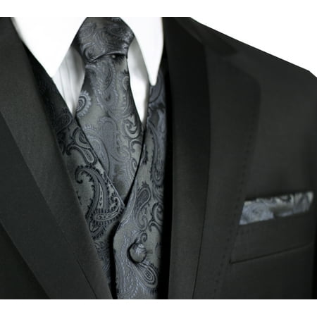 Italian Design, Men's Formal Tuxedo Vest, Tie & Hankie Set for Prom, Wedding, Cruise in Charcoal