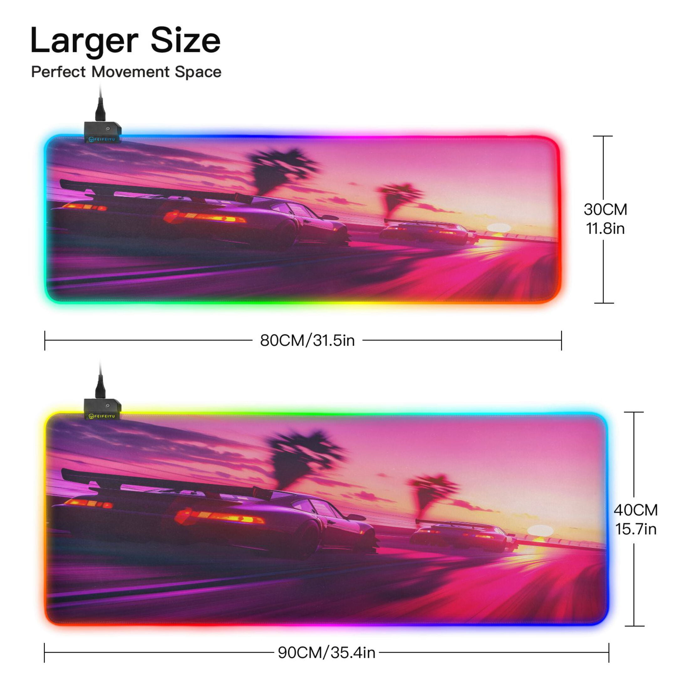 Large RGB Gaming Mouse Pad Led Glowing Mousepad Non-Slip Rubber Base 13 Light Modes 31.5x11.8 Sport Cars Racing
