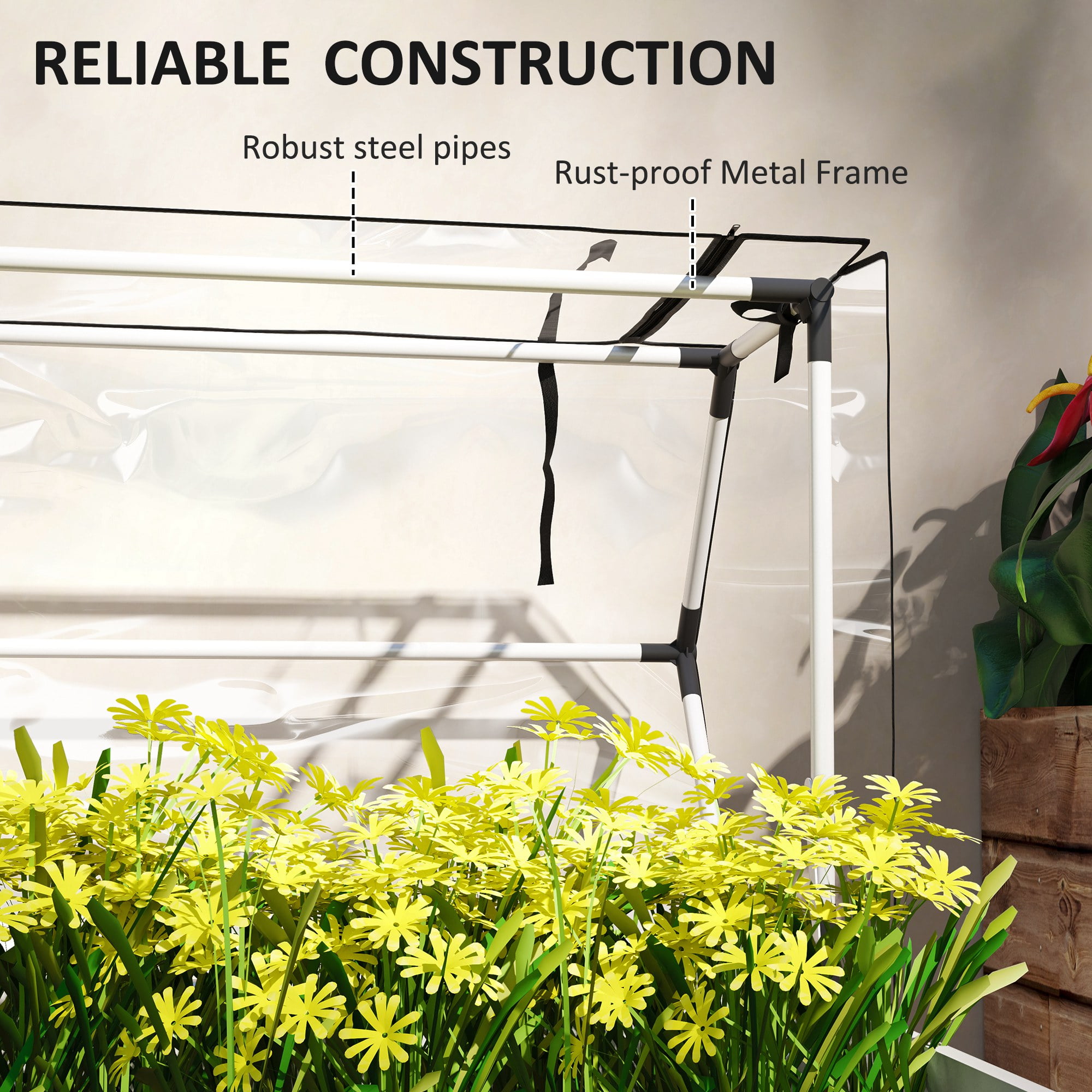 Outsunny Raised Garden Bed with Greenhouse Cover, Elevated Garden Box with Legs and Drainage Hole for Vegetables, White