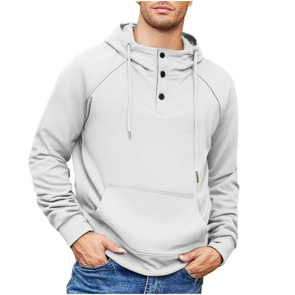 Riecok Light Hoodies for Men Long Sleeve Pullover Button down Tops with Pockets Solid Casual Athletic Clothes Drawstring