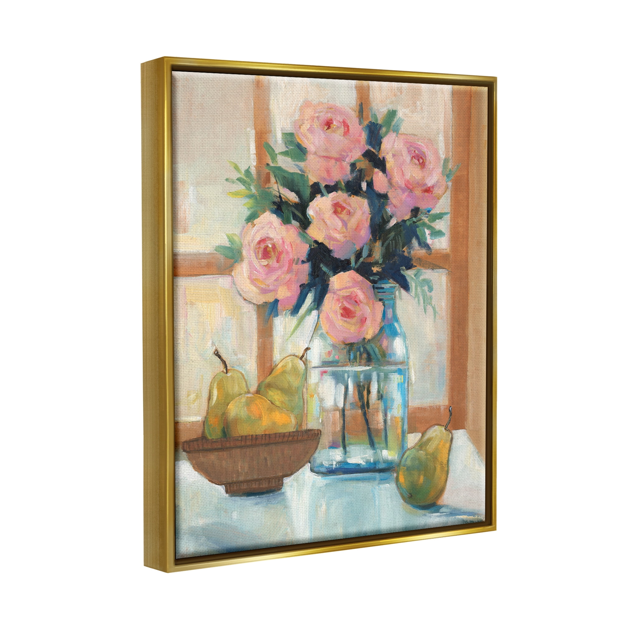 Stupell Industries Fresh Pink Roses & Fruit Kitchen Window Scene Painting Metallic Gold Floating Framed Canvas Print Wall Art, Design by Tim OToole