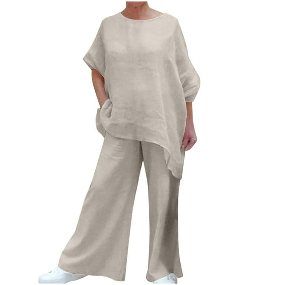 Womens Casual Plus Size Cotton Linen 2 Piece Outfits 3/4 Sleeve T Shirts High Waist Wide Leg Pants Lounge Sets Tracksuit