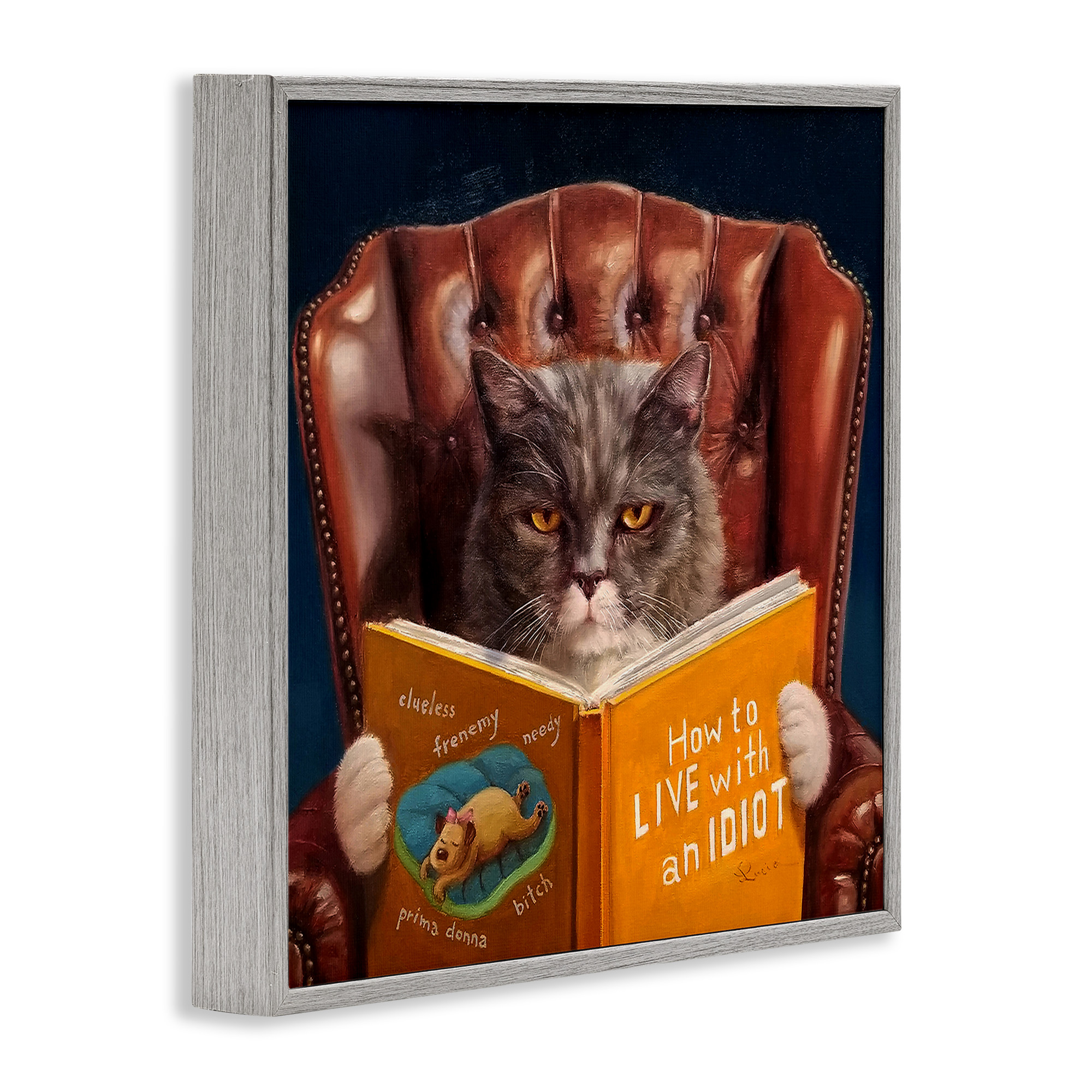 Stupell Industries Funny Cat Reading Dog Book Animals & Insects Painting Gray Framed Art Print Wall Art, 24 x 24