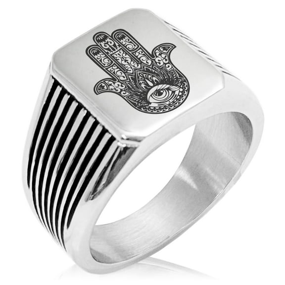 Stainless Steel Lotus Hamsa Hand of Fatima Needle Stripe Pattern Biker Style Polished Ring