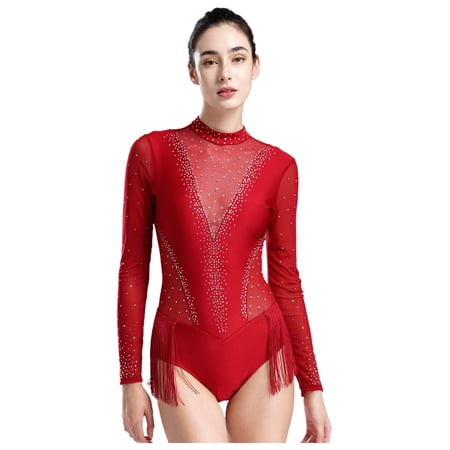Ocealan Women Rhinestones Latin Dance Leotard Salsa Tango Dance Bodysuit Rhythmic Gymnastics Bodysuit Burgundy L