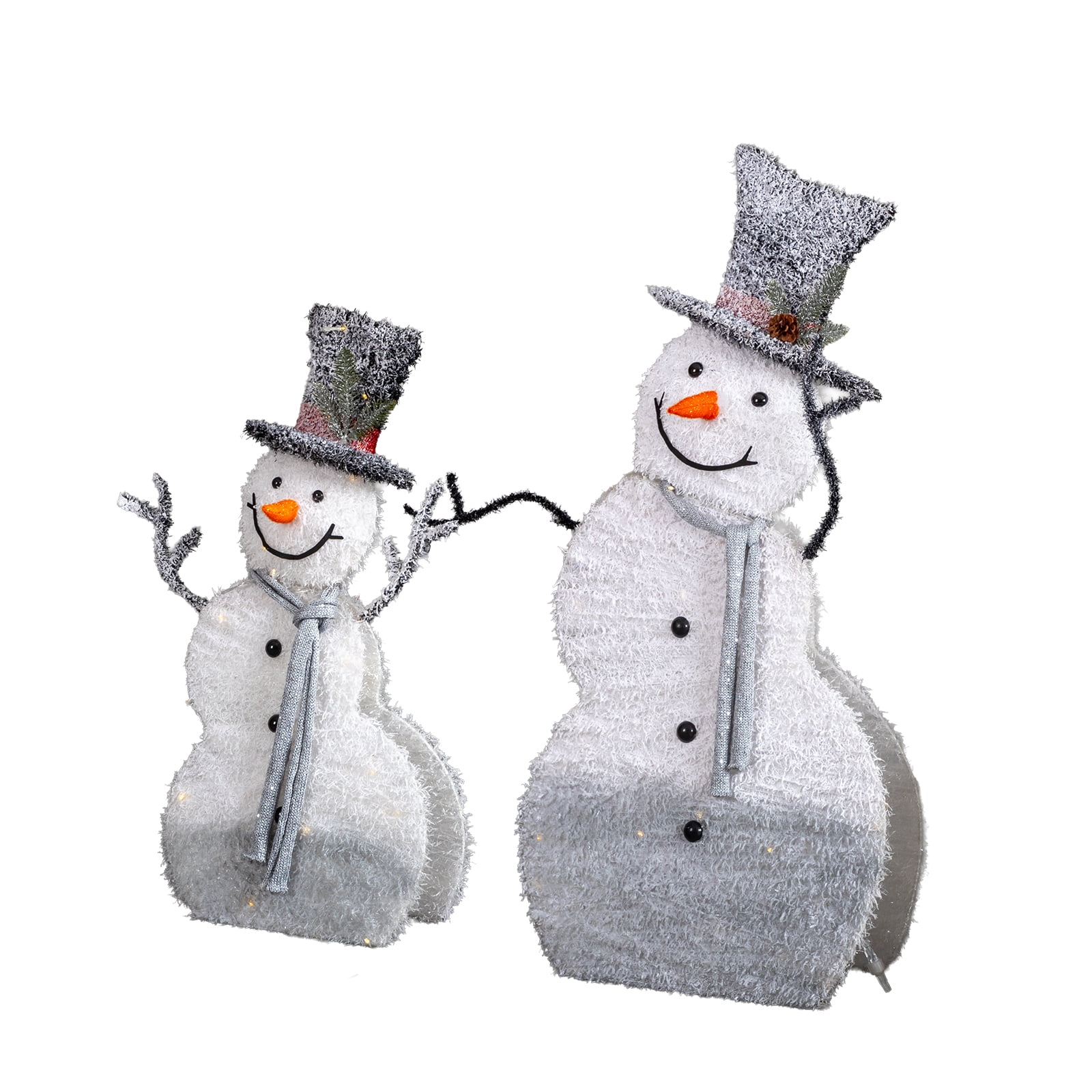 Set of 2 Lighted Snowman with Top Hat Christmas Decorations, Pre-lit 2D Holiday Decor with Warm White LED Lights for Indoor Outdoor Display