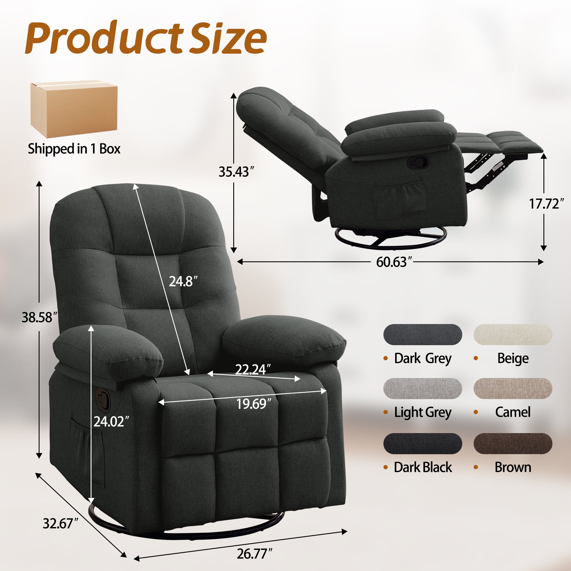 Korser Manual Swivel Rocker Recliner Chair for Living Room,Small Recliner Sofa for Small Spaces,Linen Fabric,Dark Grey