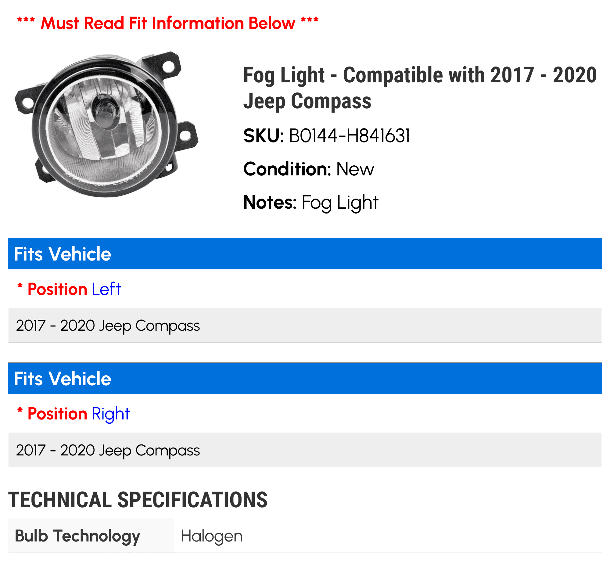 Fog Light - Compatible with 2017 - 2020 Jeep Compass 2018 2019
