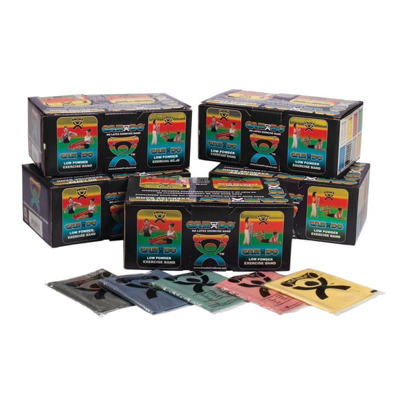 CanDo exercise band 5 pc set, 48" strip, dispenser box of 40 (1 ea: yellow through black)