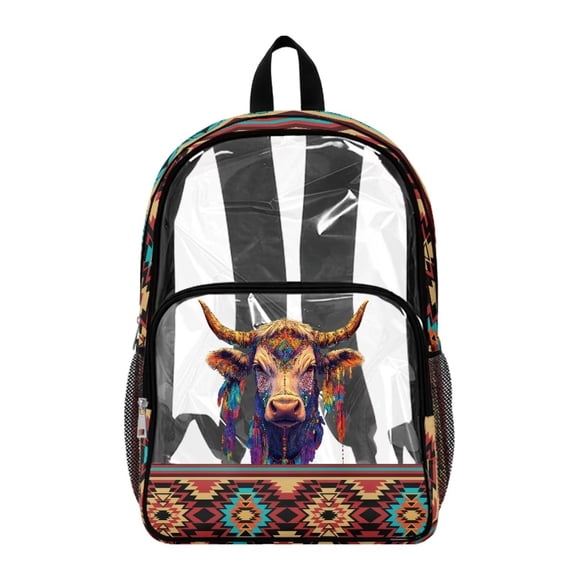 Xoenoiee Aztec Highland Cattle Print 17" Kids Backpack Lightweight Clear Backpack PVC Schoolbag for Boys, Large Capacity Bookbag Transparent Travel Daypack with Adjustable Straps for Middle School