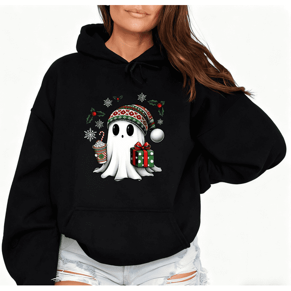 Funny Christmas Ghost Print Hoodie black Graphic Sweatshirt S-2XL Holiday Winter Tops