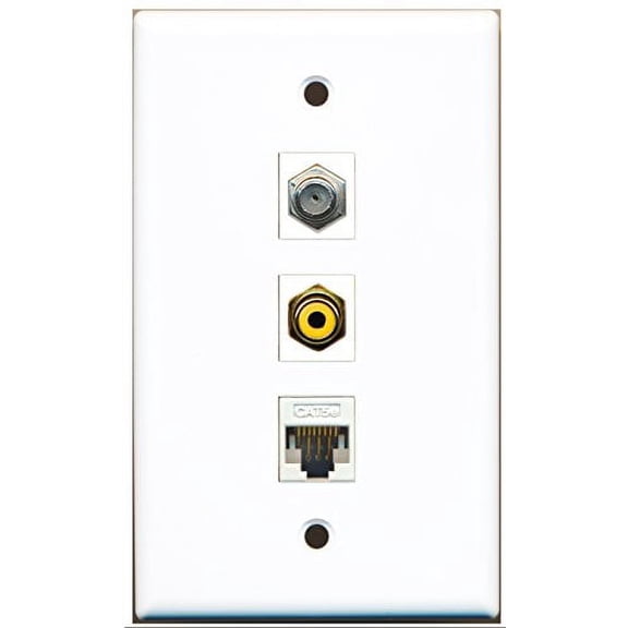RiteAV - 1 Port RCA Yellow and 1 Port Coax Cable TV- F-Type and 1 Port Cat5e Ethernet White Wall Plate