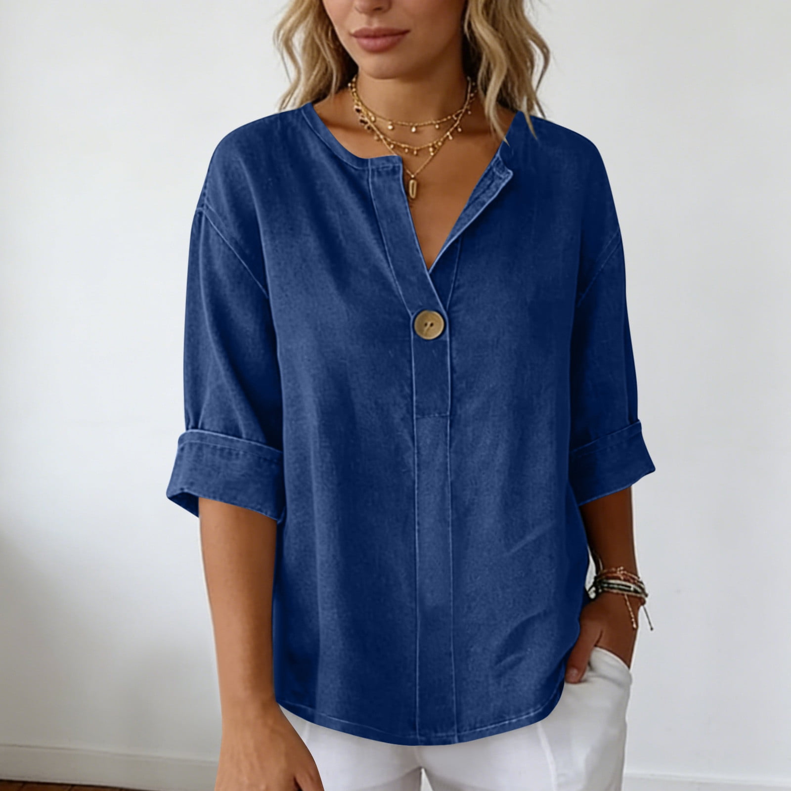 YHAJDS Women's T-Shirts Solid Color V Neck 3/4 Sleeve Relaxed Fit Casual Everyday Top