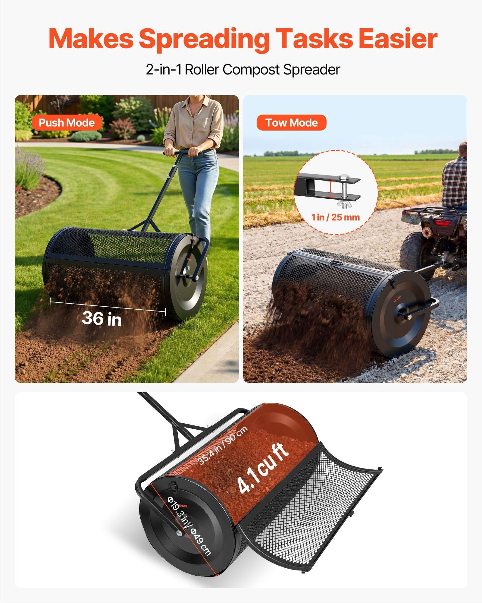 36 Inch Heavy Duty Peat Moss Spreader Adjustable Height Push Tow Handle Powder Coated Steel Garden Roller for Grass Seed Planting Black