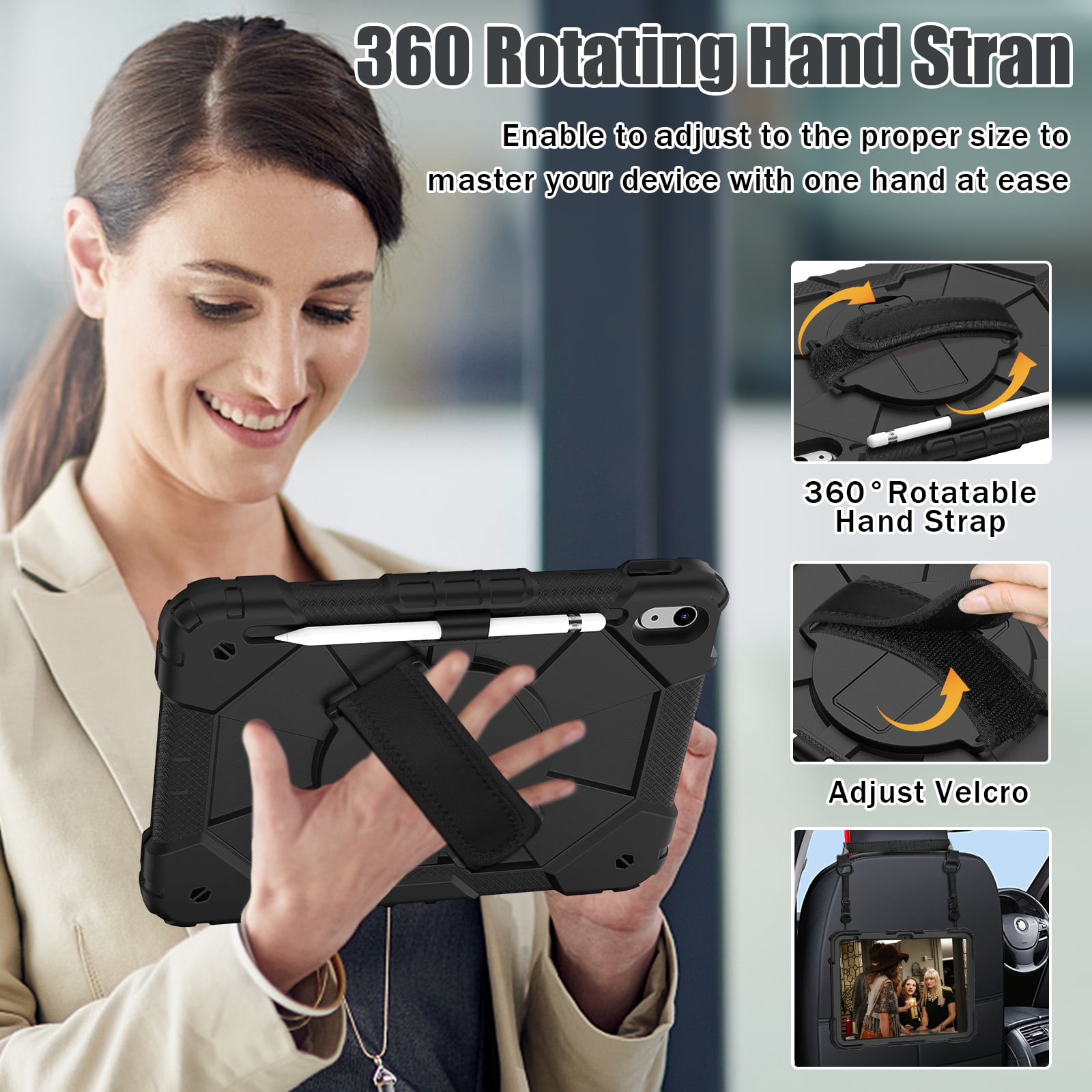 ELEHOLD Rugged Hybrid Case for iPad 11th Gen (A16) 2025 11-inch,with Built-in Kickstand 360° Rotating Handstrap Pencil Holder Crossbody Shoulder Strap Shockproof Heavy Duty Case,Black