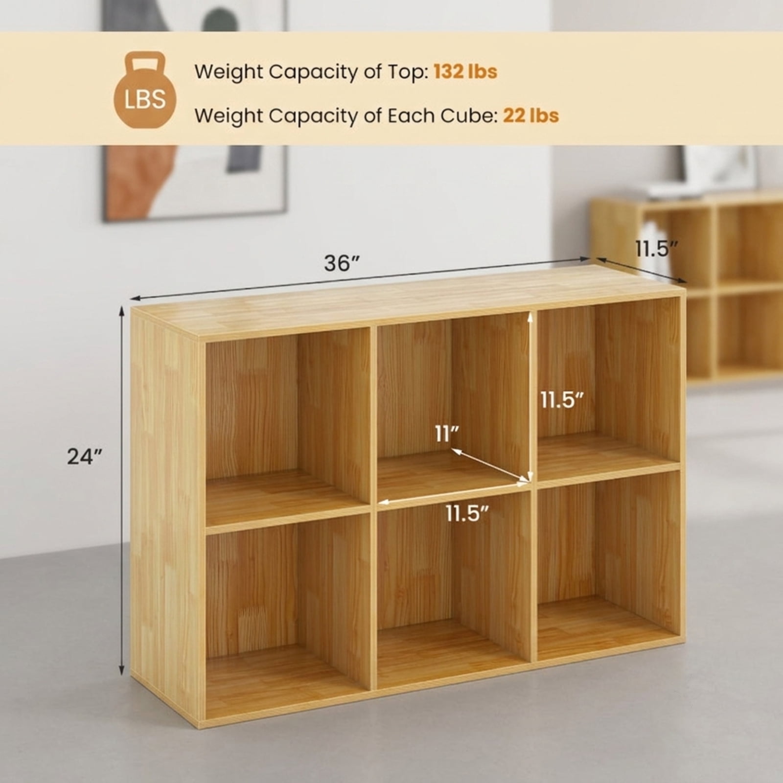 Furnibear Modern 6-Cube Bookcase Freestanding Storage Bookshelf with Anti-Tipping Kits for Bedroom and Living Room, Natural