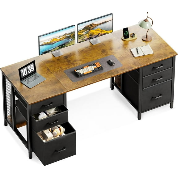 ODK 63 inch Office Desk with 6 Fabric Drawers & File Cabinets, Work from Home Computer Desk with Hidden Storage Stand, Rustic Brown