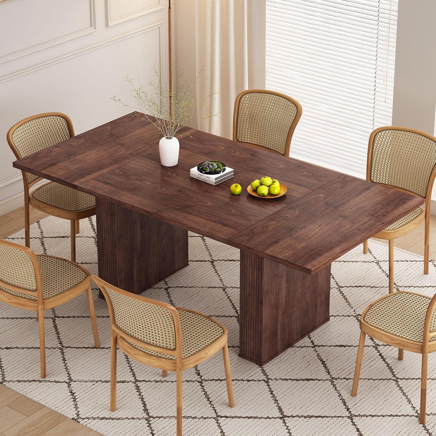78 Inch Rectangular Dining Table for 6 to 10 Farmhouse Fluted Dining Kitchen Table Modern Wood Long Dining Table for Kitchen Living Room Walnut