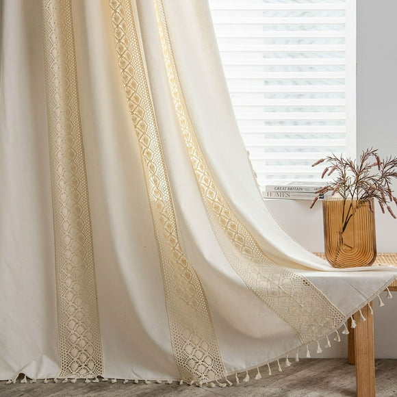 Bistro Curtain, Boho Short Curtain, Beige with Tassel, Panel Curtains, Kitchen Curtains, Opaque Cotton Linen Curtains, Vintage Country House, Farmhouse Window Curtains, 1 Piece