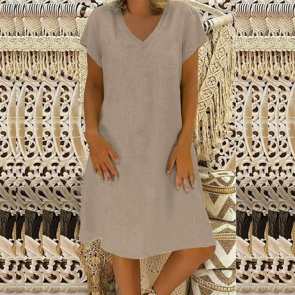 ClodeEU Women's Linen Blend Short Sleeve V Neck Loose Fit Dress ,Solid Color Casual Summer Midi Dress Khaki^,Womens Plus XL