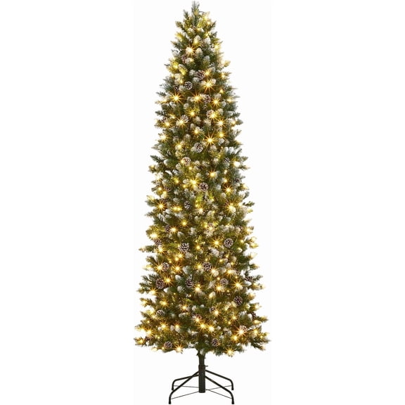 9 FT Pre-Lit Pencil Snow Flocked Spruce Christmas Tree with Warm White Lights, Slim Artificial Xmas Tree, Foldable Metal Stand, Green White Holiday Decoration for Home Office