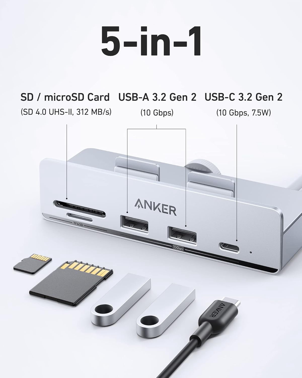 Anker USB C Hub, 535 USB C Hub (5-in-1), with 2 USB-A 10 Gbps Data Ports, USBC 10 Gbps Port, SD and microSD Card Reader