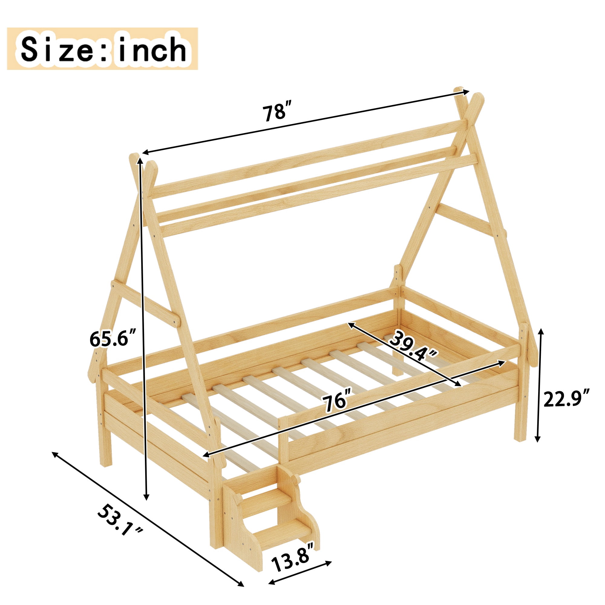 PORKISS Twin Size Platform Bed, Solid Wood Toddler Bed with Fence Guardrail Ladder, Twin Size Bed Frame for Kids Girls Boys, Montessori Bed, No Box Spring Needed, Natural B