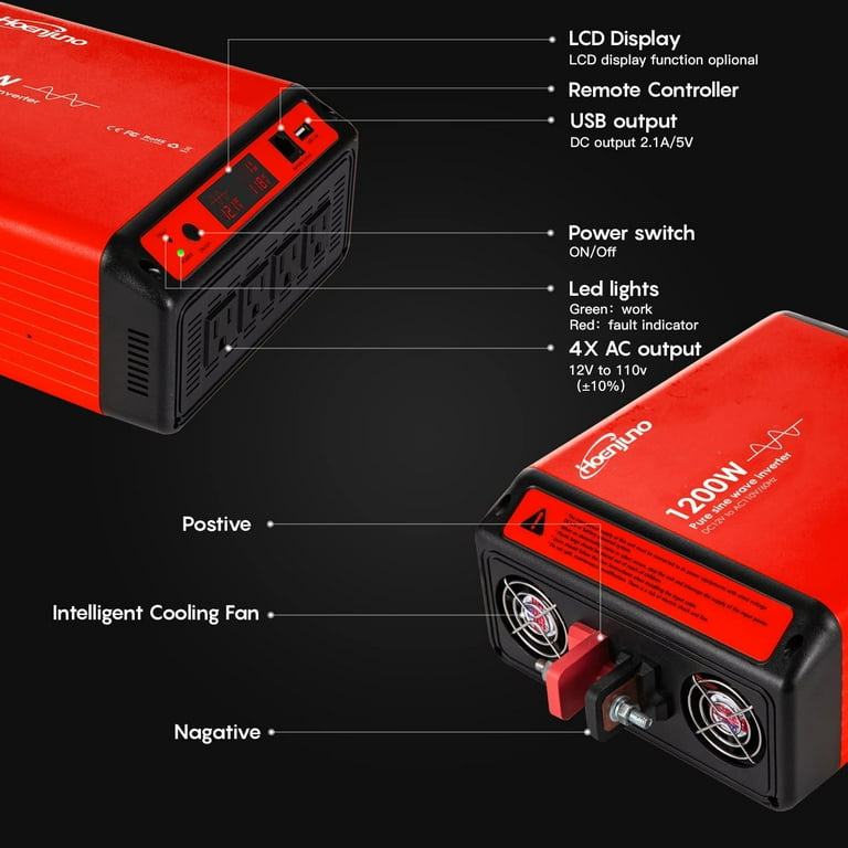 Hoenjuno 1200W Pure Sine Wave Inverter Power Converter DC 12V to AC 110V  Power Source with 15 Feet Remote Control Cable Red 